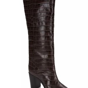 Schutz Analeah Crocodile Embossed Dark Chocolate block heel boots